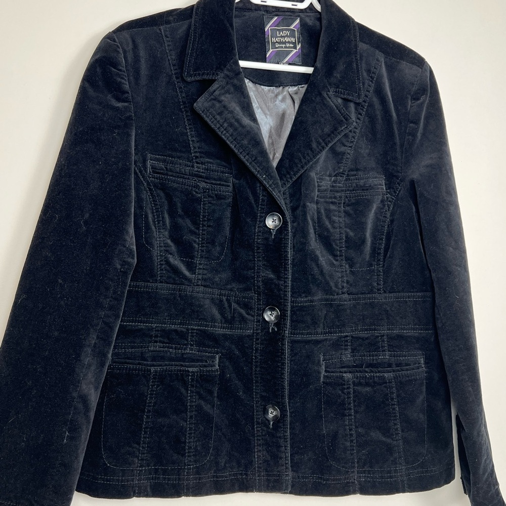 Vintage Y2K-Lady Hathaway Black Velvet Blazer – Three-Button Tailored Jacket XL